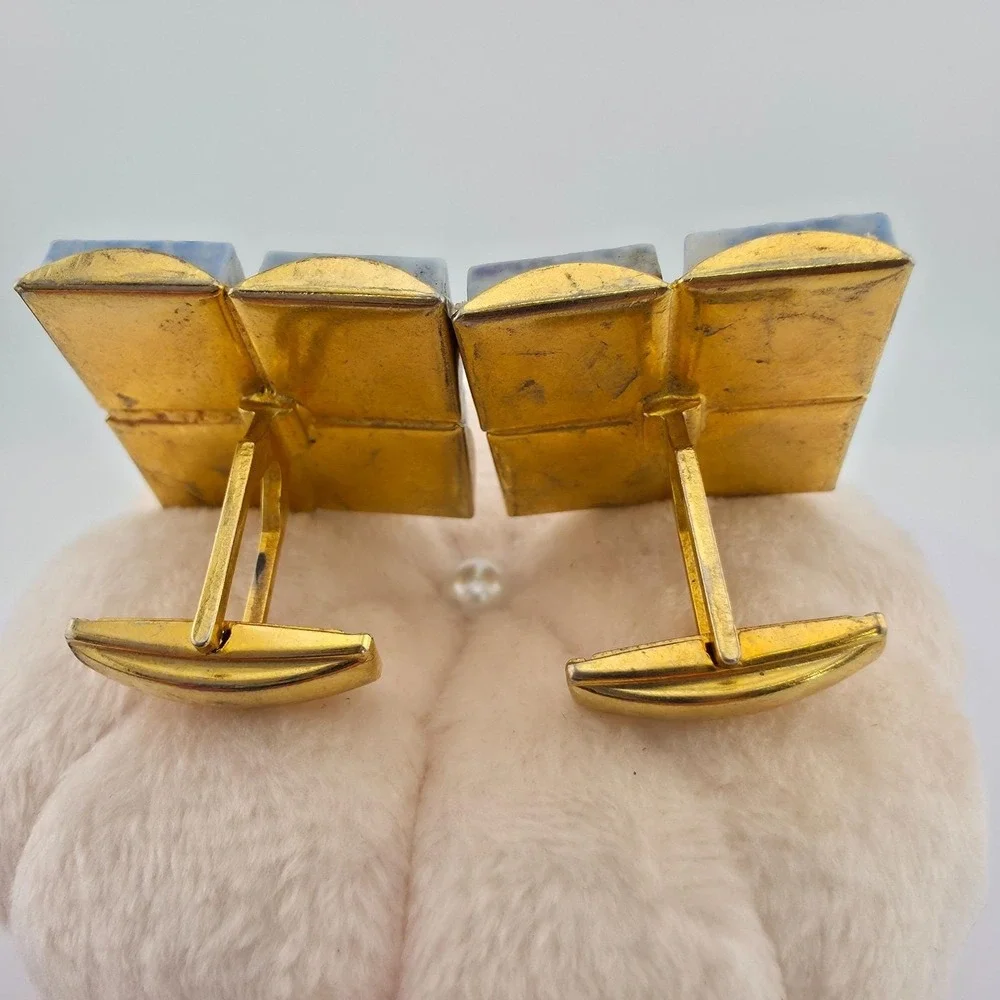 Vintage Ceramic Cufflinks Mid-Century Modern Purple Blue Enamel Tiles Gold Plate